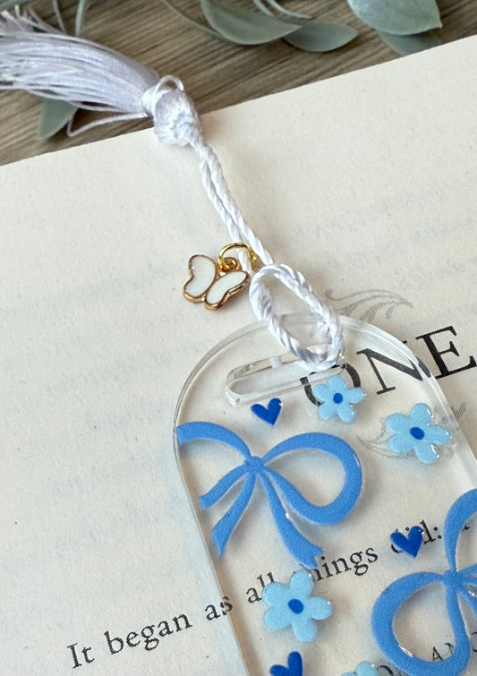 blue ribbons & flowers bookmark