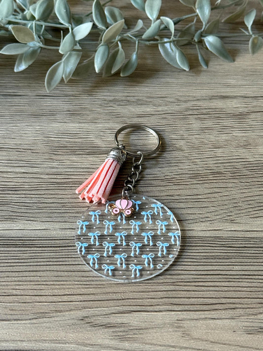blue bows round keychain with tassel & charm