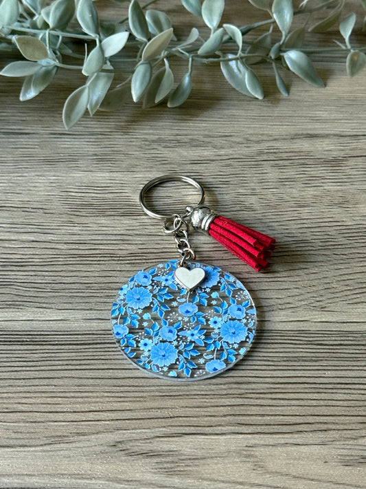 blue flowers round keychain with tassel & charm