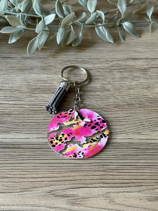 cheetah pink round keychain with tassel & charm