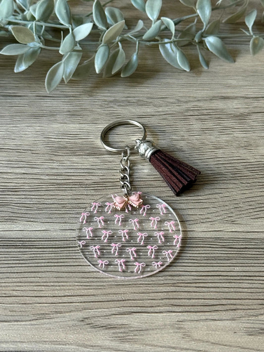 pink bows round keychain with tassel & charm