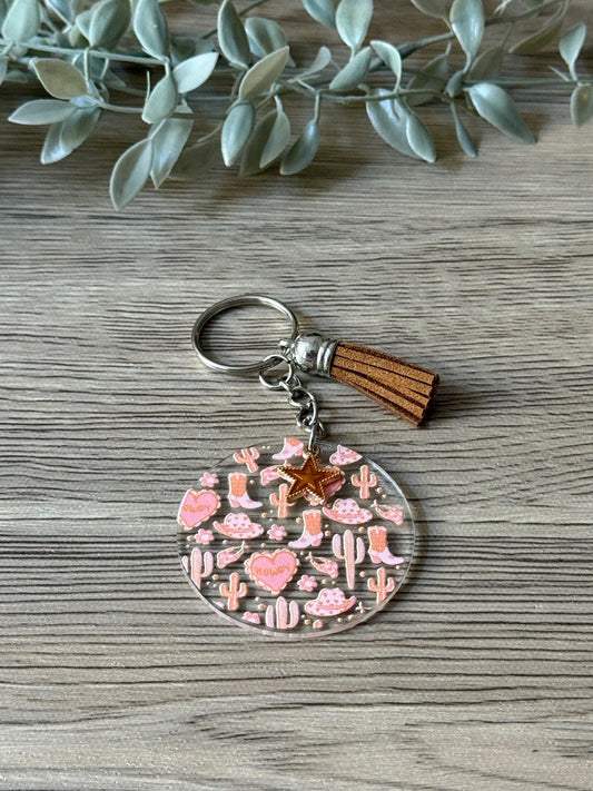 pink texan round keychains with tassel & charm