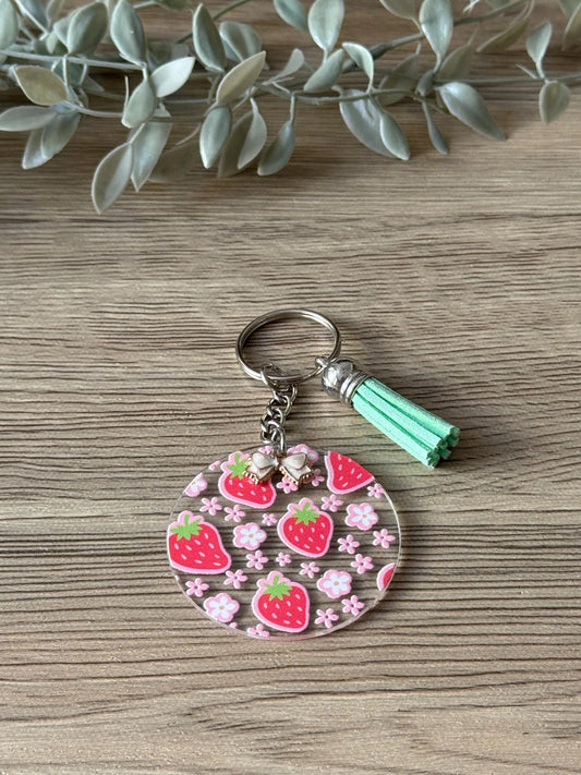 strawberry round keychain with tassel & charm