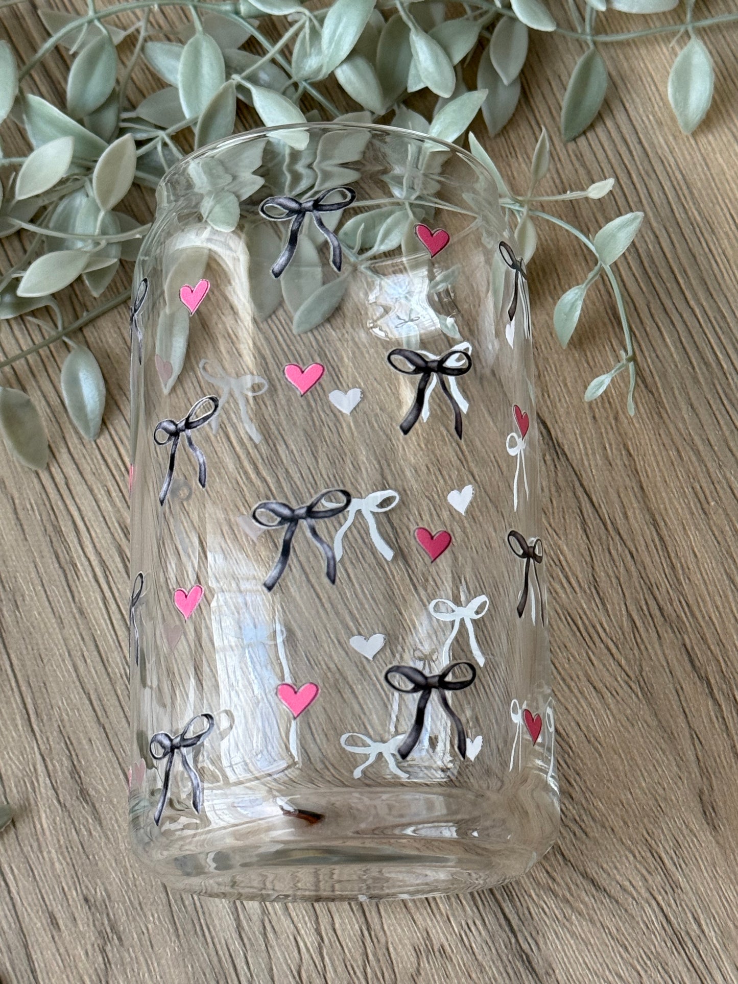 black bows & pink hearts glass cup