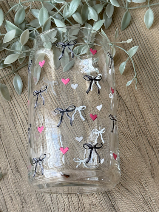 black bows & pink hearts glass cup