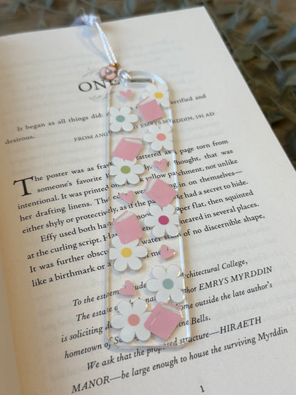 pink books & flowers bookmark