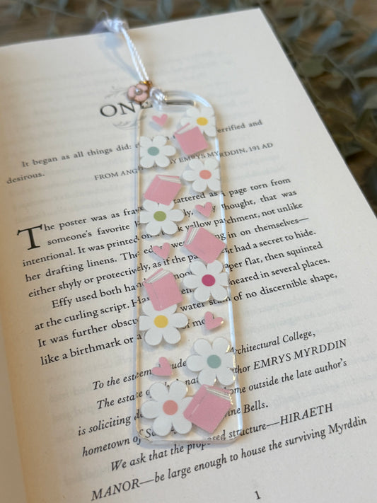pink books & flowers bookmark