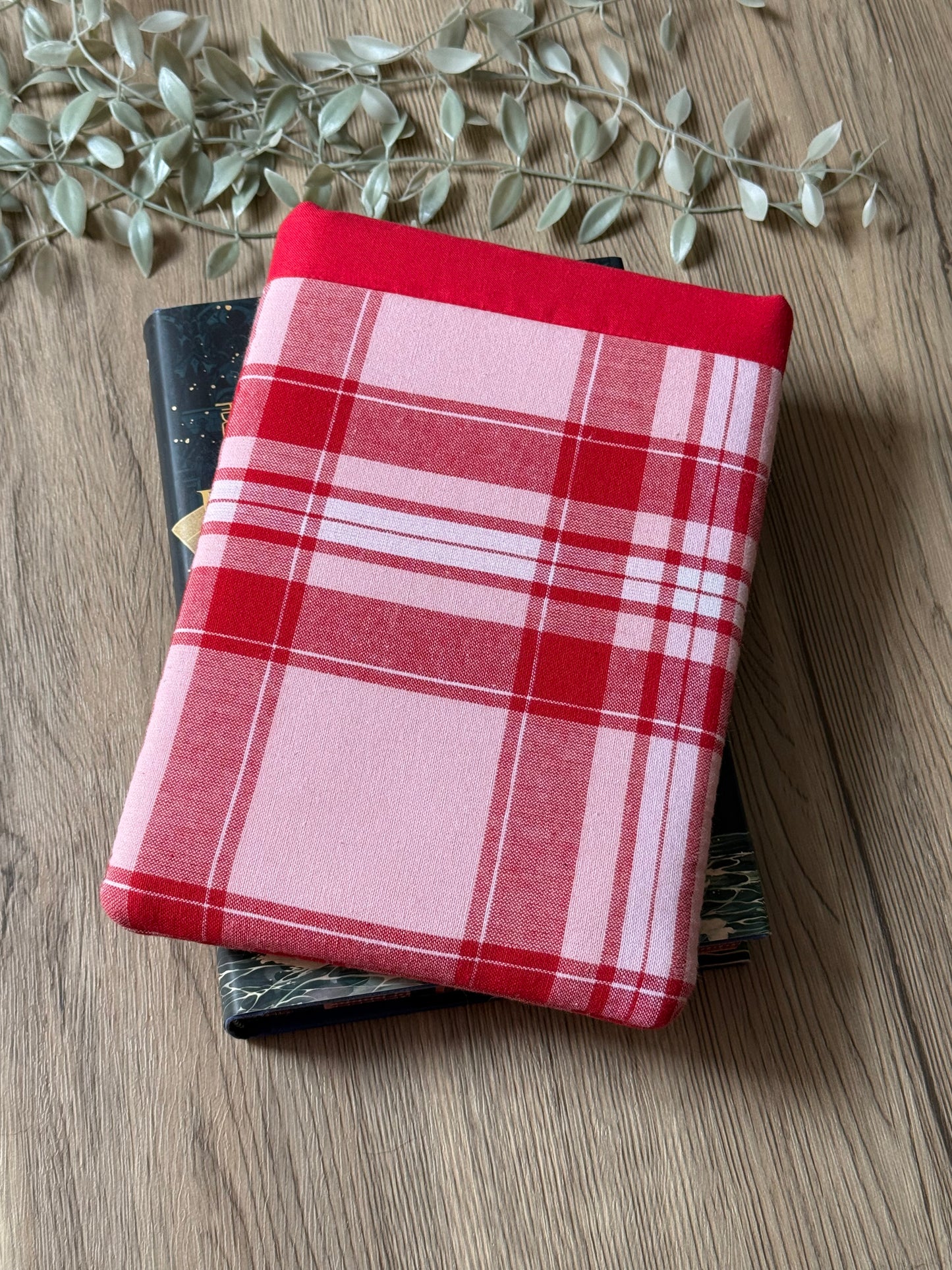 pink & red plaid book sleeve