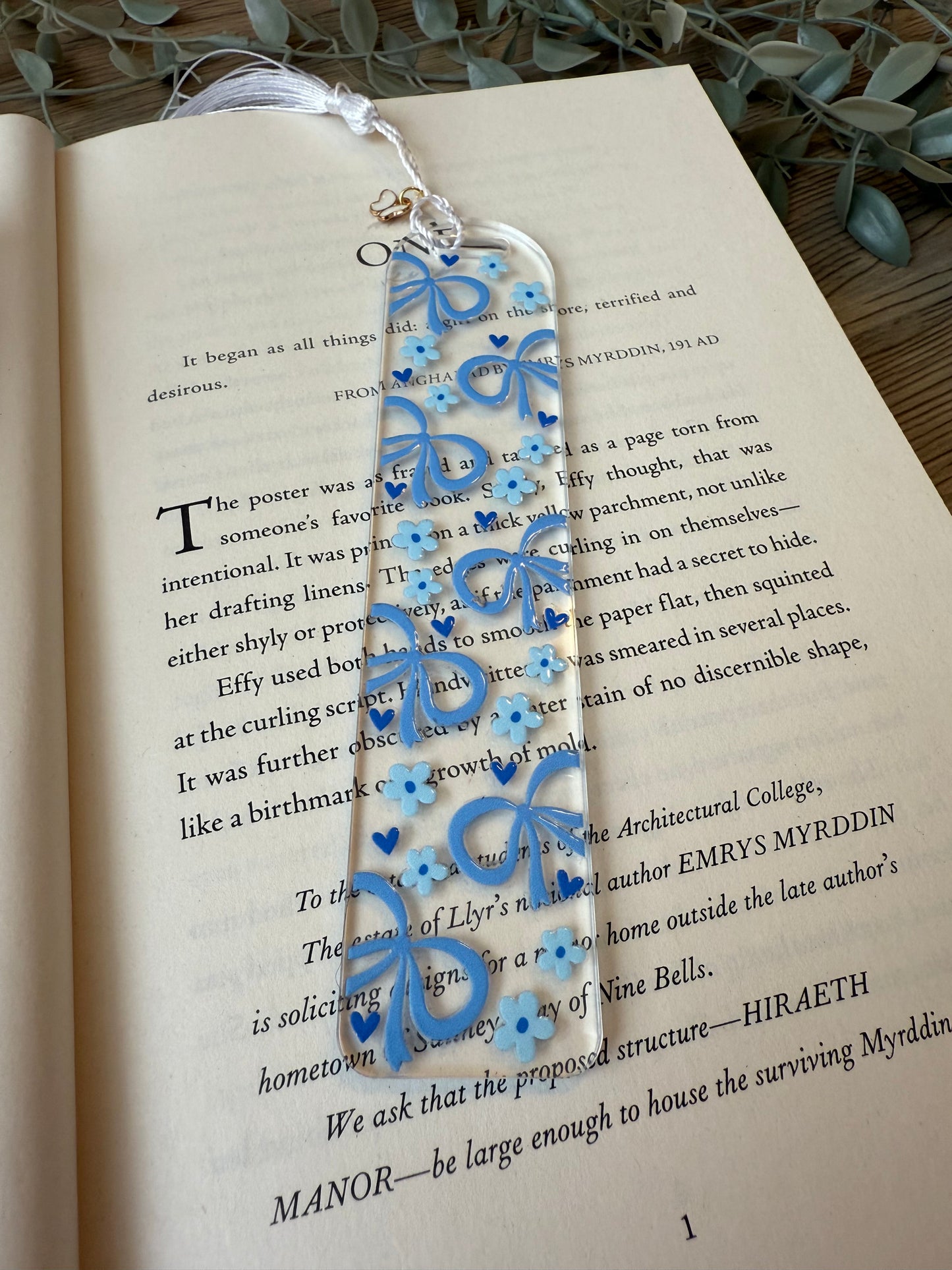 blue ribbons & flowers bookmark