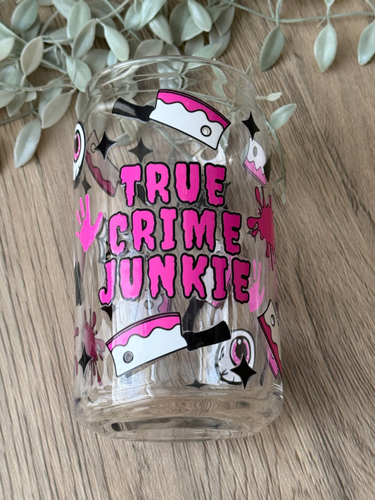 true crime junkie glass cup