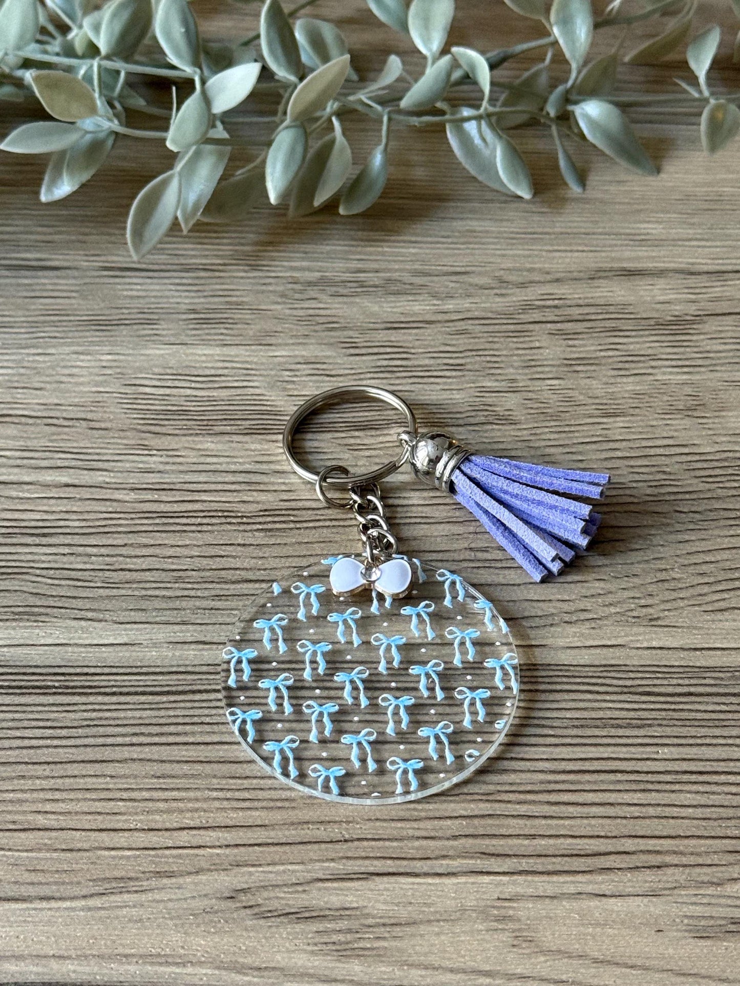 blue bows round keychain with tassel & charm