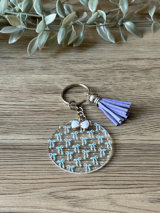 blue bows round keychain with tassel & charm
