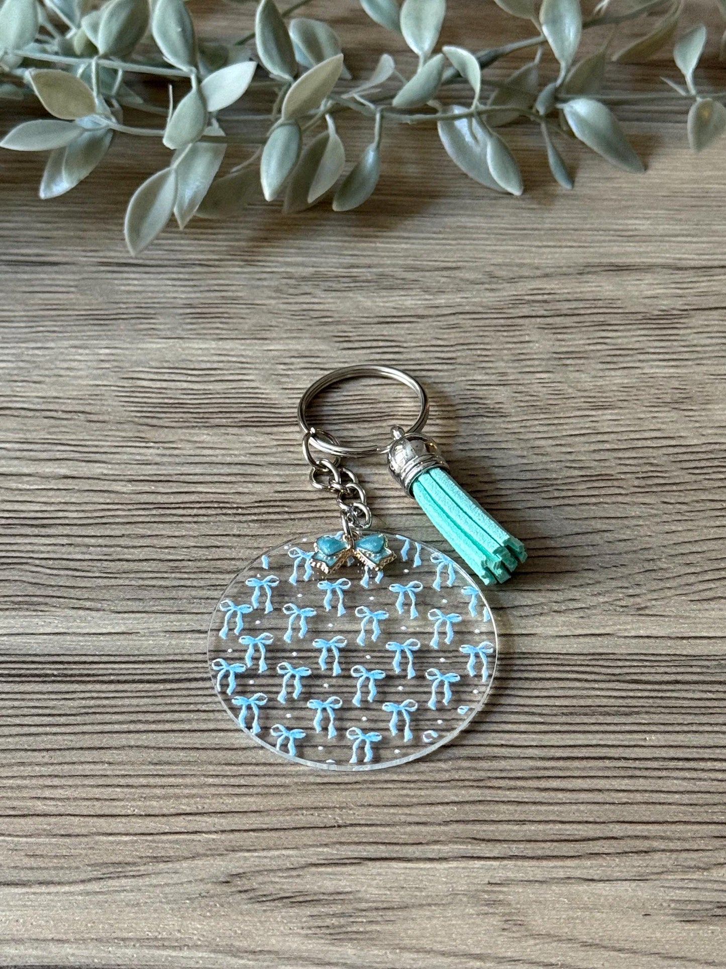 blue bows round keychain with tassel & charm