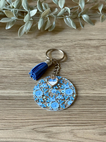 blue flowers round keychain with tassel & charm