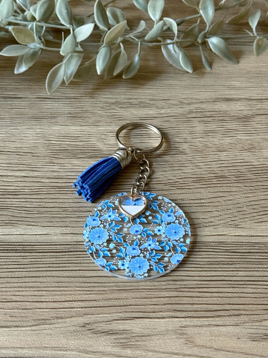 blue flowers round keychain with tassel & charm