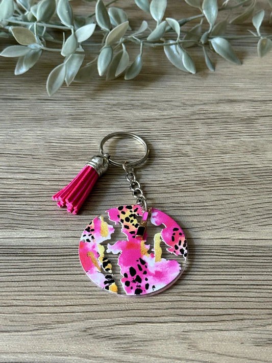 cheetah pink round keychain with tassel & charm