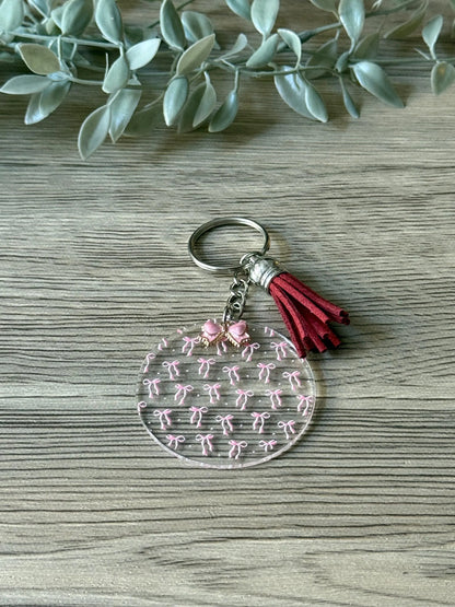 pink bows round keychain with tassel & charm