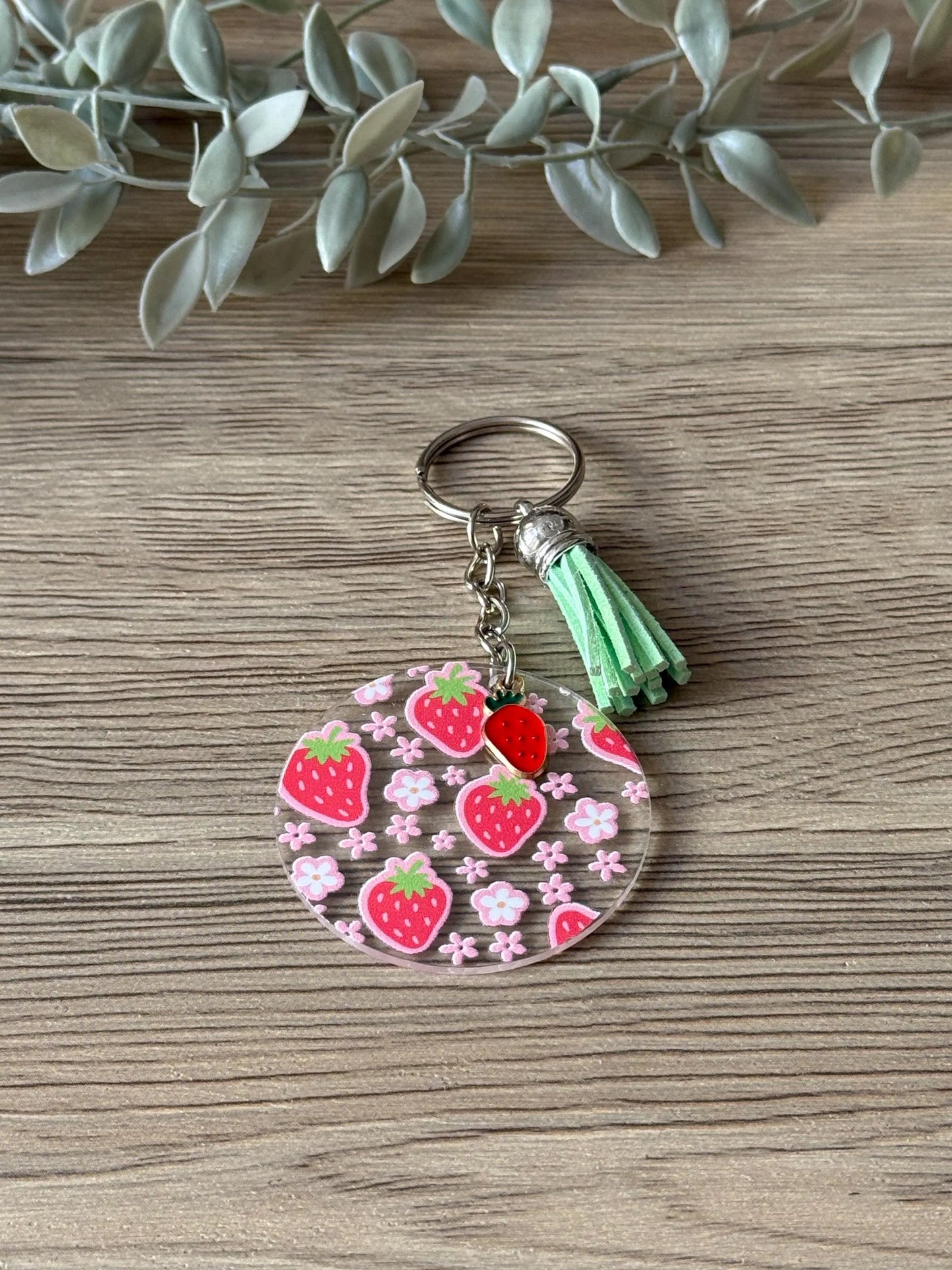 strawberry round keychain with tassel & charm