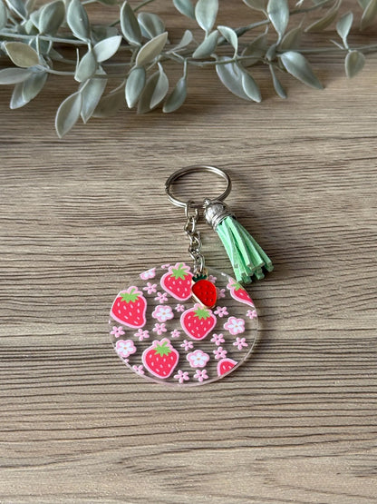 strawberry round keychain with tassel & charm