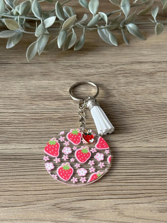 strawberry round keychain with tassel & charm