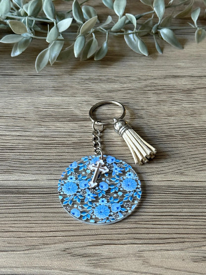 blue flowers round keychain with tassel & charm