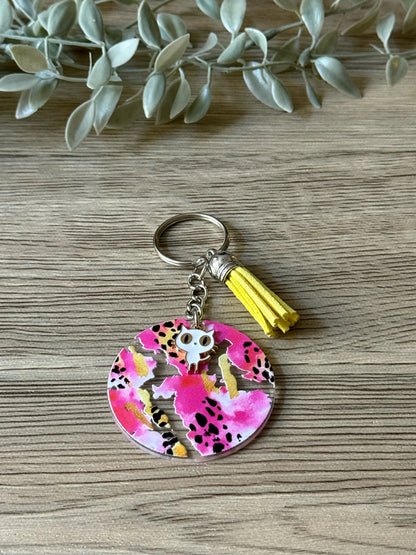 cheetah pink round keychain with tassel & charm