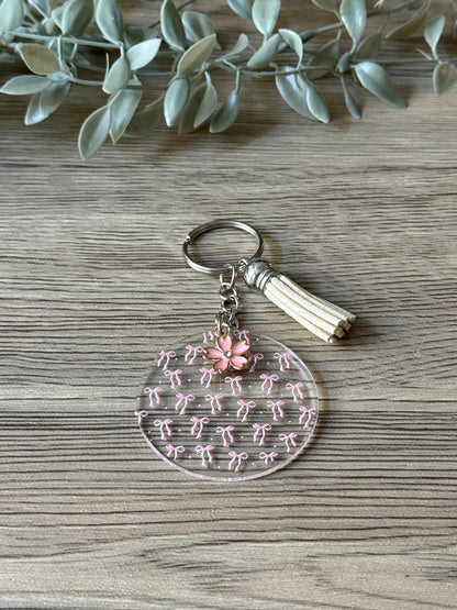 pink bows round keychain with tassel & charm