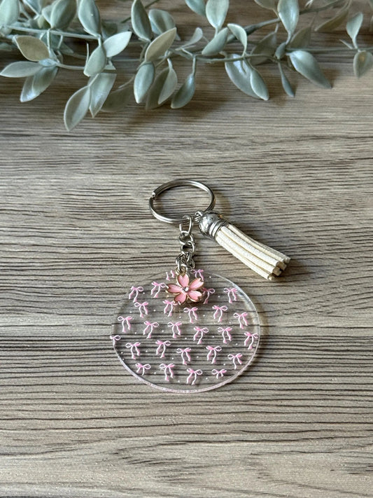 pink bows round keychain with tassel & charm