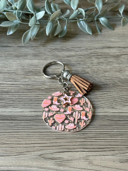 pink texan round keychains with tassel & charm