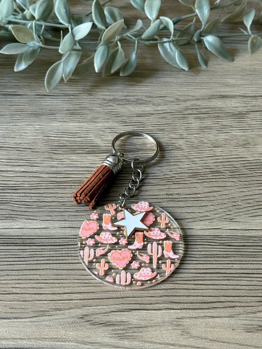 pink texan round keychains with tassel & charm