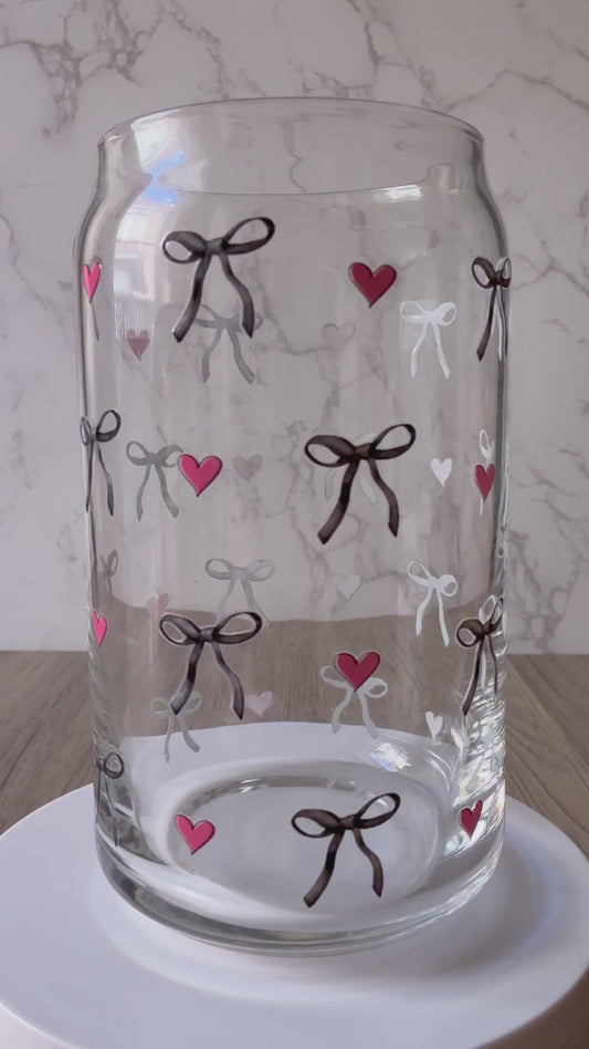 black bows & pink hearts glass cup